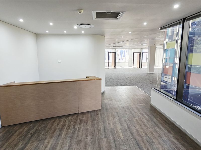 A bright, open-plan office space featuring a built-in reception desk, modern recessed lighting, and large windows with views of the surrounding area.
