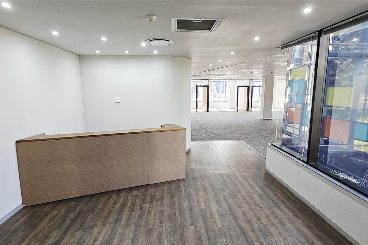 A bright, open-plan office space featuring a built-in reception desk, modern recessed lighting, and large windows with views of the surrounding area.