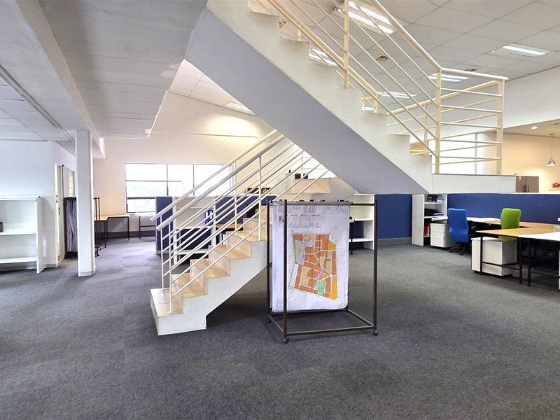 Spacious open-plan office area featuring a central staircase, suspended ceiling with recessed lighting, and carpeted flooring throughout.
