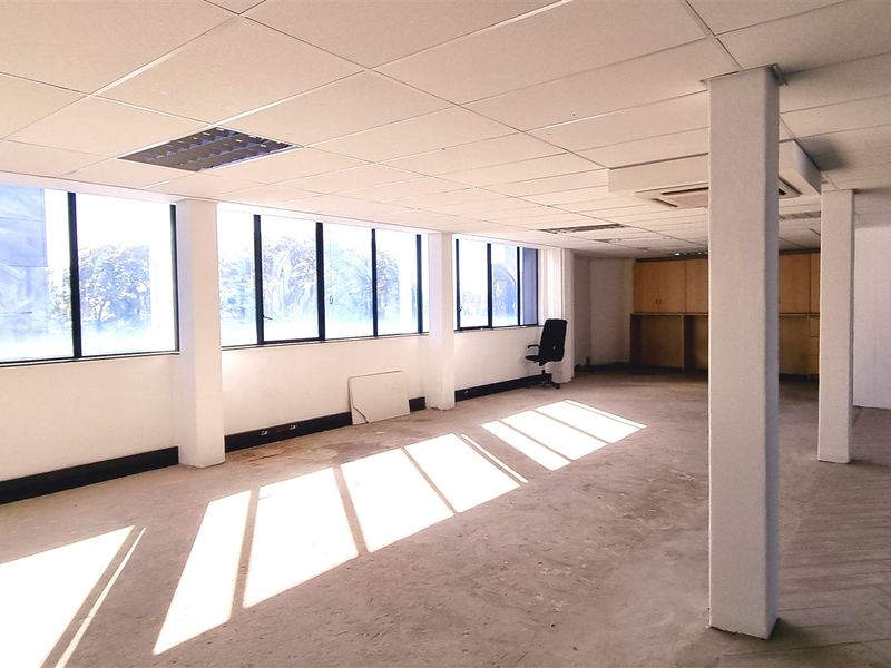 Spacious open-plan office area featuring large windows, suspended ceilings, built-in storage cabinetry, and structural columns, currently in a vacant, ready-to-renovate condition.
