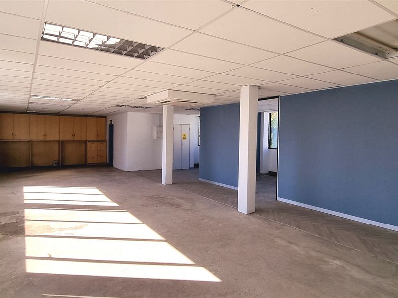 Spacious open-plan office area featuring suspended ceilings, built-in storage cabinetry, and large windows providing ample natural light.