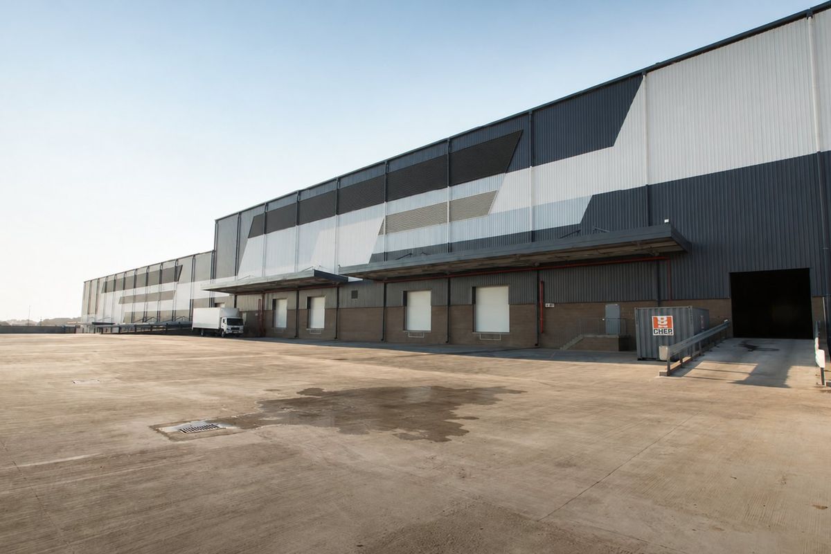 Large industrial warehouse facility featuring multiple loading docks, expansive concrete yard space, and modern metal cladding exterior.