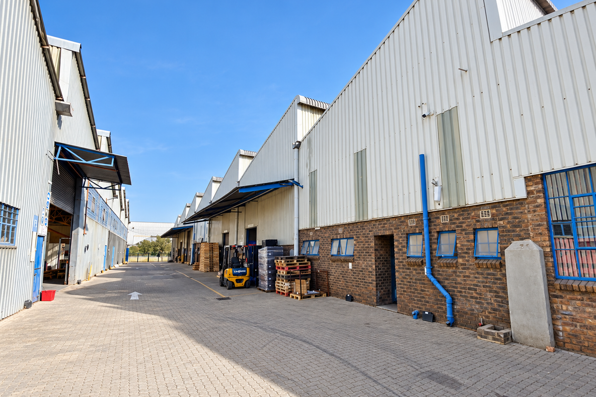Exterior view of an industrial warehouse complex featuring corrugated metal cladding, face brick walls, and a paved loading area.