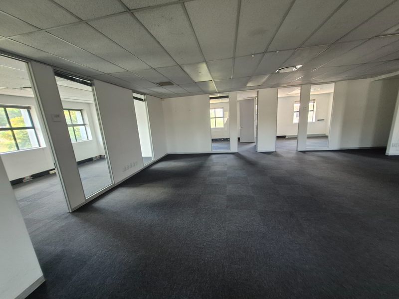 An open-plan office space featuring carpet tiles, suspended ceilings, and glass-partitioned private offices, offering a flexible layout for professional use.