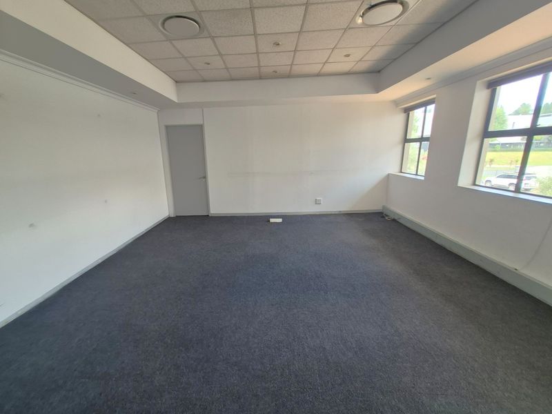 A spacious, empty office suite featuring a suspended ceiling, recessed lighting, and large windows providing natural light, ready for custom fit-out.