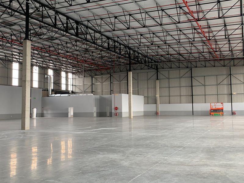 Spacious industrial warehouse featuring high ceilings with exposed steel trusses, polished concrete floors, and integrated fire safety systems.