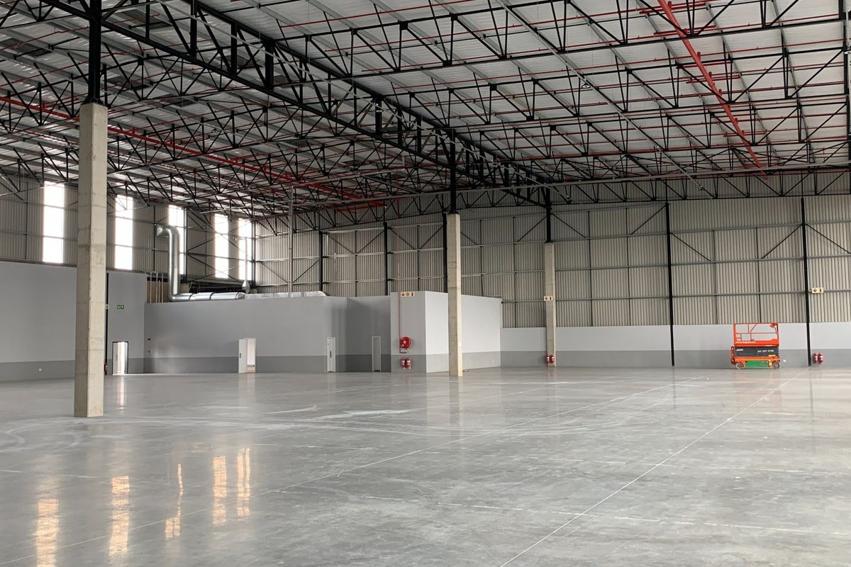 Spacious industrial warehouse featuring high ceilings with exposed steel trusses, polished concrete floors, and integrated fire safety systems.