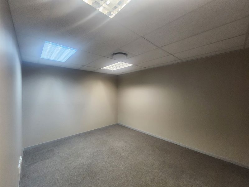 A clean, empty office space featuring a suspended ceiling with recessed lighting, air conditioning, and neutral carpeted flooring.