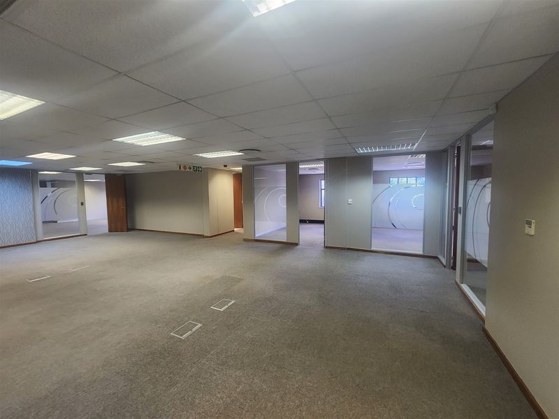 Spacious open-plan office area featuring glass-partitioned private offices, suspended ceilings with recessed lighting, and carpeted flooring with integrated floor power access points.