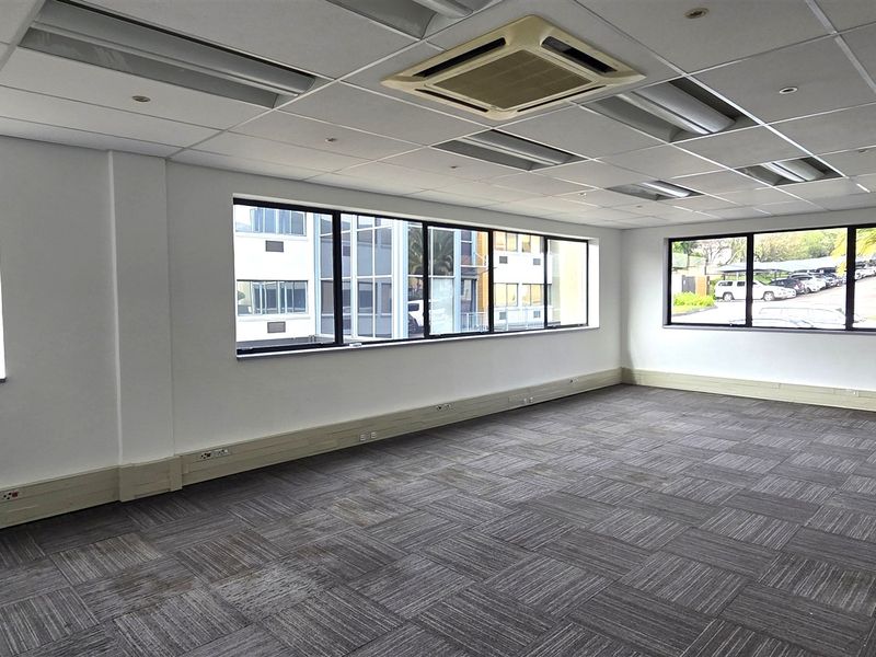 A spacious, empty office suite featuring large windows, carpet tile flooring, a suspended ceiling with recessed lighting, and integrated air conditioning units.