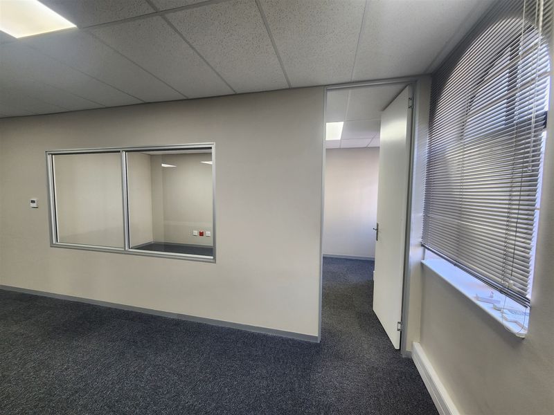 A clean, vacant office space featuring neutral carpeting, a suspended ceiling with recessed lighting, and an internal glass partition for natural light flow.