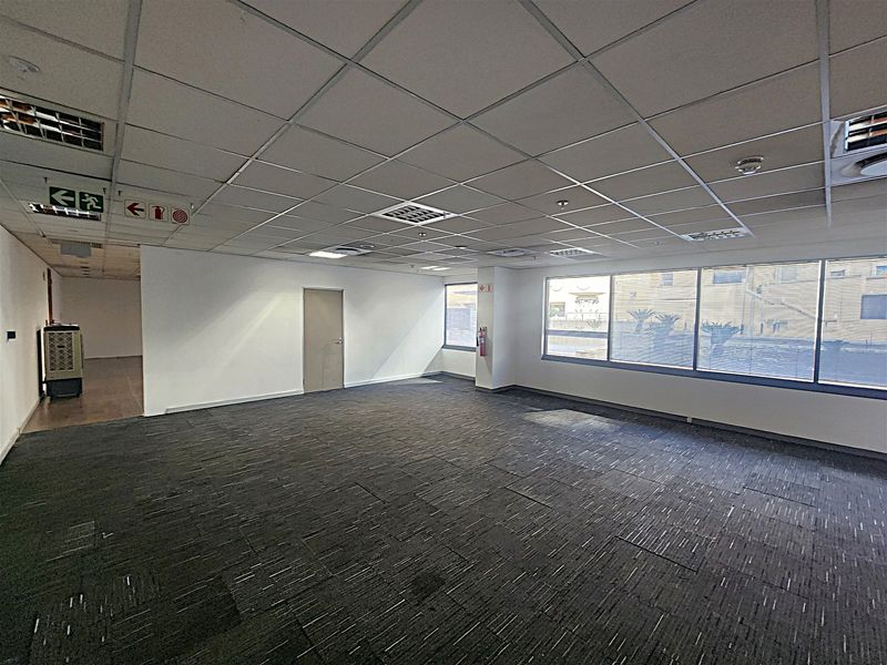 Spacious, open-plan office area featuring suspended ceilings, recessed lighting, large windows for natural light, and durable carpet tile flooring.