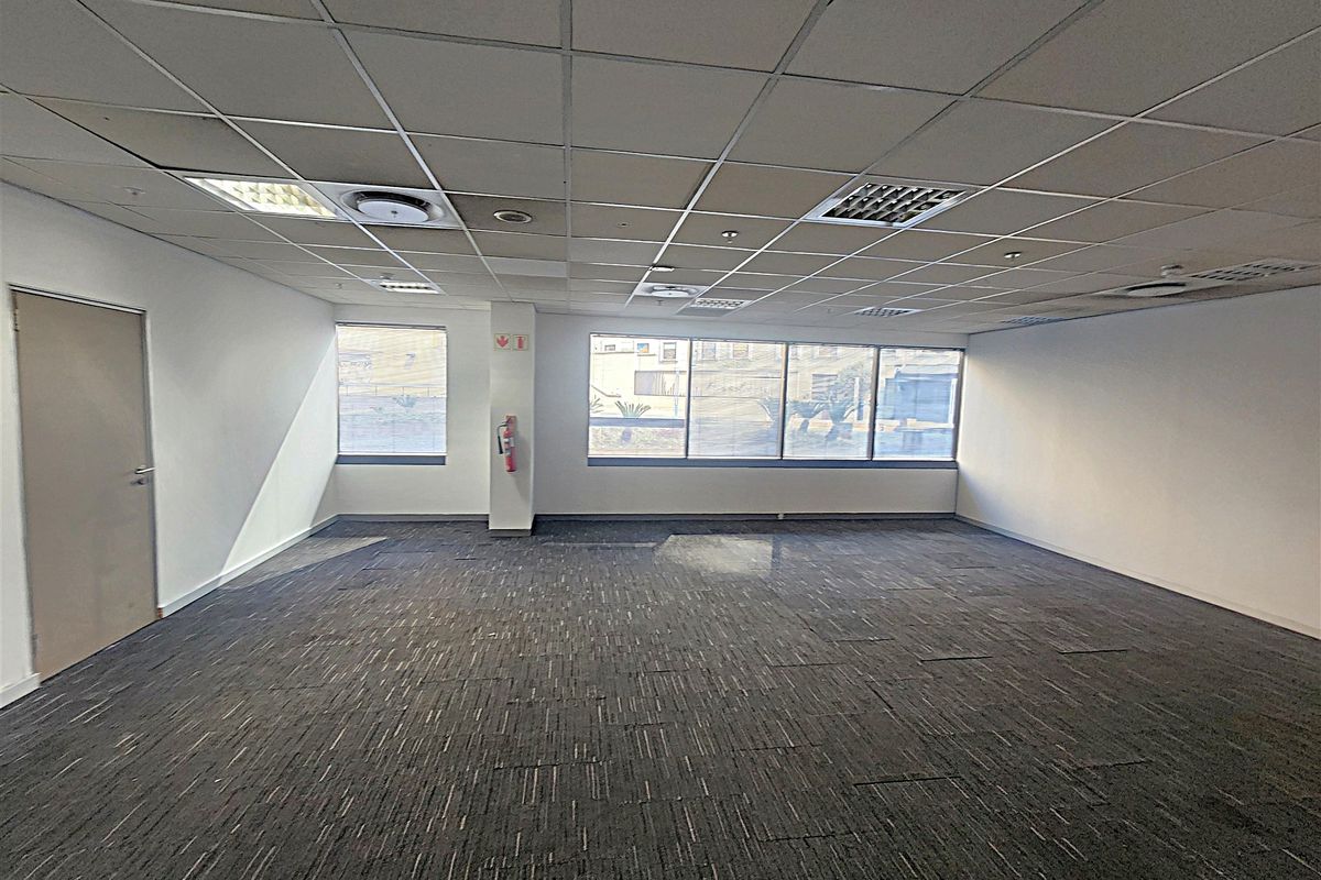 A spacious, empty office suite featuring a suspended ceiling, recessed lighting, large windows for natural light, and durable carpet tile flooring.