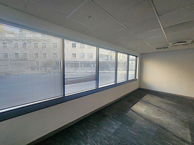 An empty office space featuring large windows with venetian blinds, a suspended ceiling, and carpeted flooring.