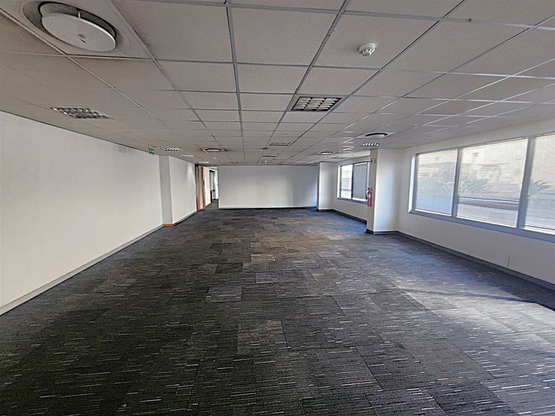 A spacious, vacant open-plan office area featuring suspended ceilings, recessed lighting, and carpeted flooring with large windows providing natural light.