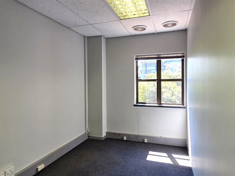 A vacant office space featuring carpeted flooring, a suspended ceiling with recessed lighting, and electrical trunking along the baseboards.