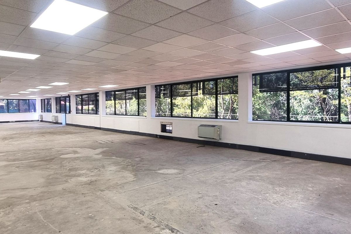 A large, open-plan office space featuring a suspended ceiling, recessed lighting, and expansive windows providing natural light and exterior views.