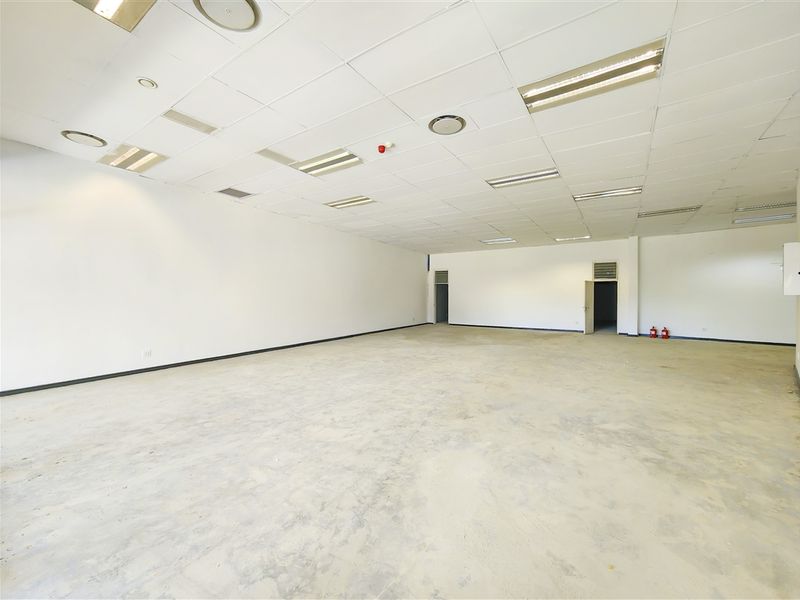 A spacious, open-plan office area featuring a suspended ceiling with recessed lighting and unfinished concrete flooring, ready for custom fit-out.
