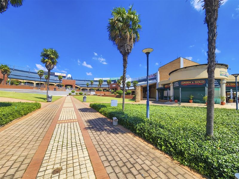 A well-maintained outdoor commercial plaza featuring paved walkways, landscaped gardens with palm trees, and access to various office and retail storefronts.