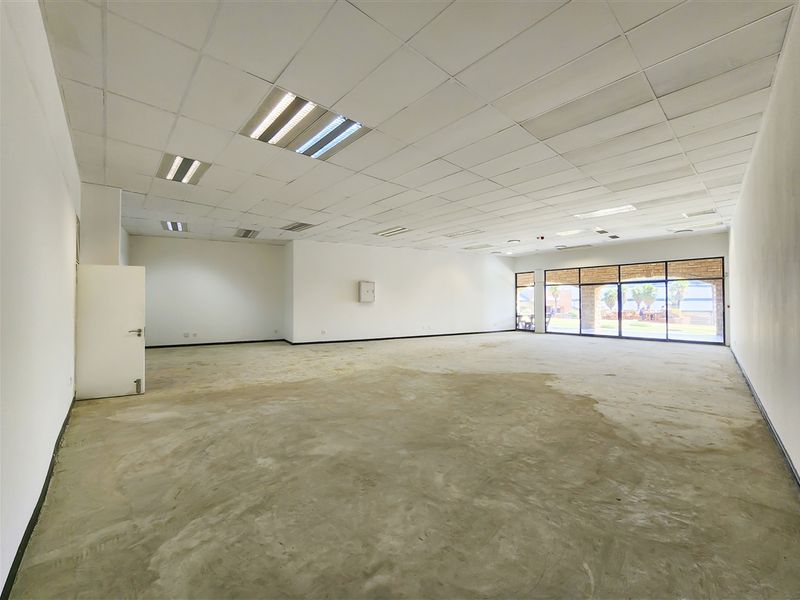 Spacious, open-plan office area featuring a suspended ceiling with recessed lighting, large glass windows, and unfinished concrete flooring, ready for custom fit-out.