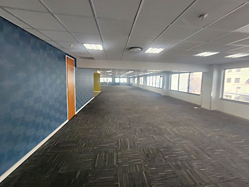 A spacious, empty open-plan office area featuring suspended ceilings, recessed lighting, carpet tiles, and large windows providing ample natural light.