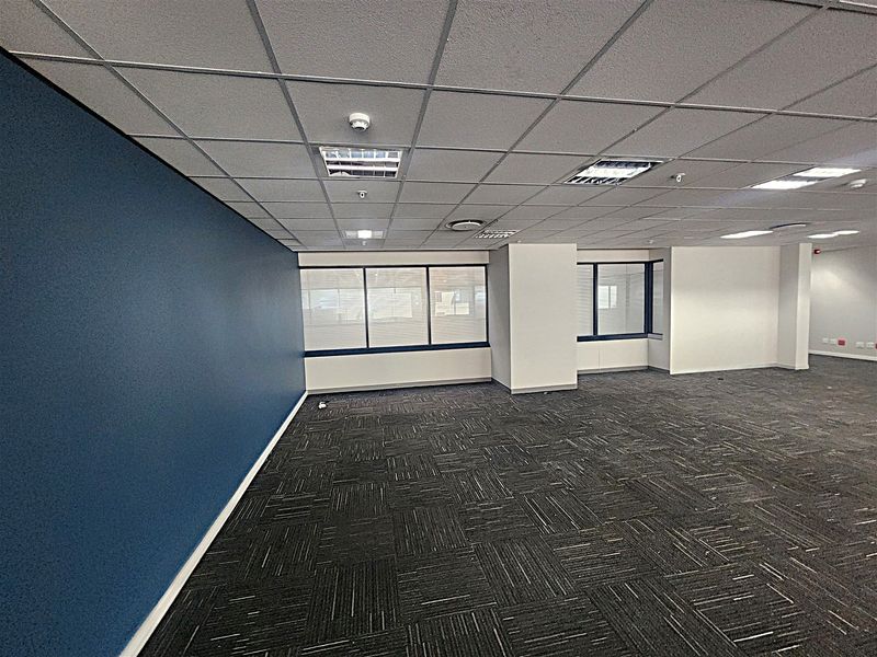 A spacious, empty office area featuring modern carpet tiles, a suspended ceiling with recessed lighting, and large windows providing natural light.
