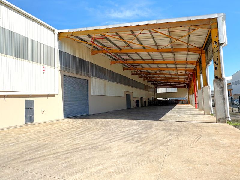 Large industrial loading bay featuring a high-clearance steel truss roof, concrete hardstand, and a secure roller shutter door for efficient logistics access.