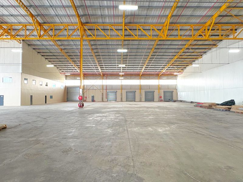 Spacious industrial warehouse featuring high-clearance steel truss roofing, multiple roller shutter doors, and durable concrete flooring, suitable for logistics or manufacturing operations.