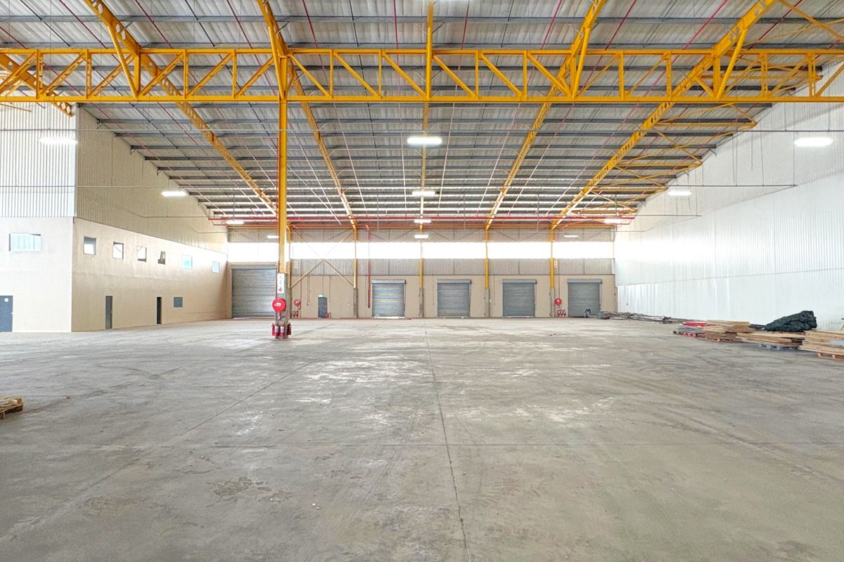 Spacious industrial warehouse featuring high-clearance steel truss roofing, multiple roller shutter doors, and durable concrete flooring, suitable for logistics or manufacturing operations.