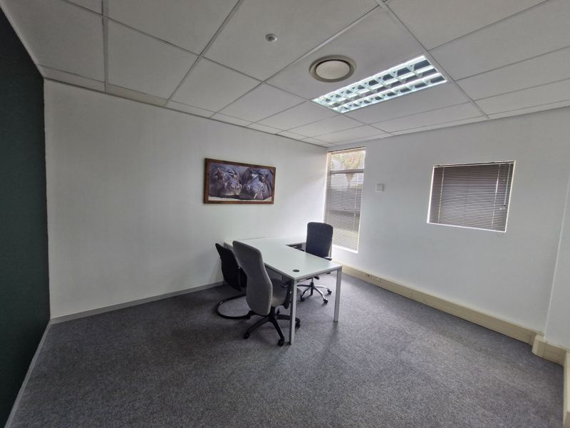 A functional office space featuring carpeted flooring, a suspended ceiling with recessed lighting, and windows fitted with venetian blinds.