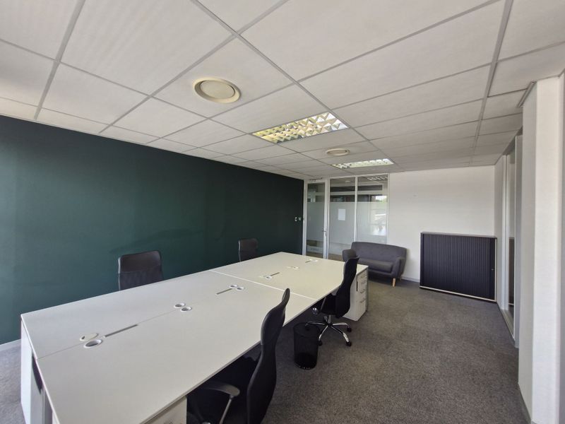 A professional office space featuring a suspended ceiling, recessed lighting, carpeted flooring, and a glass partition wall.