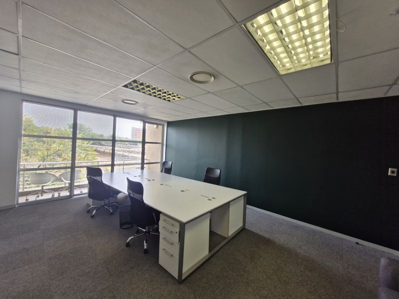 A professional office space featuring a suspended ceiling with recessed lighting, large windows with venetian blinds, and carpeted flooring.