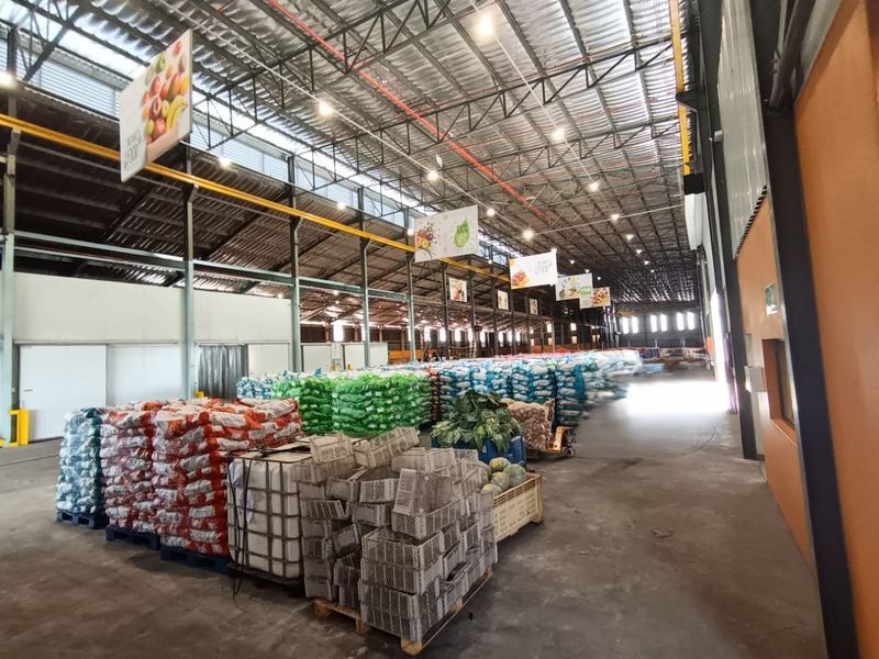Spacious industrial warehouse facility featuring high-clearance steel truss roofing, durable concrete flooring, and efficient overhead lighting, suitable for large-scale storage or distribution operations.