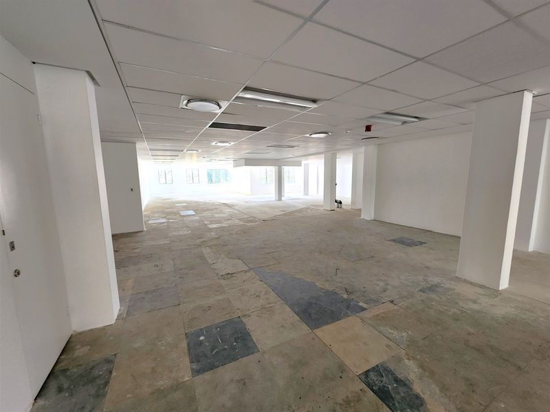 An expansive, open-plan office space featuring a suspended ceiling, recessed lighting, and structural columns, currently awaiting new flooring and final finishes.