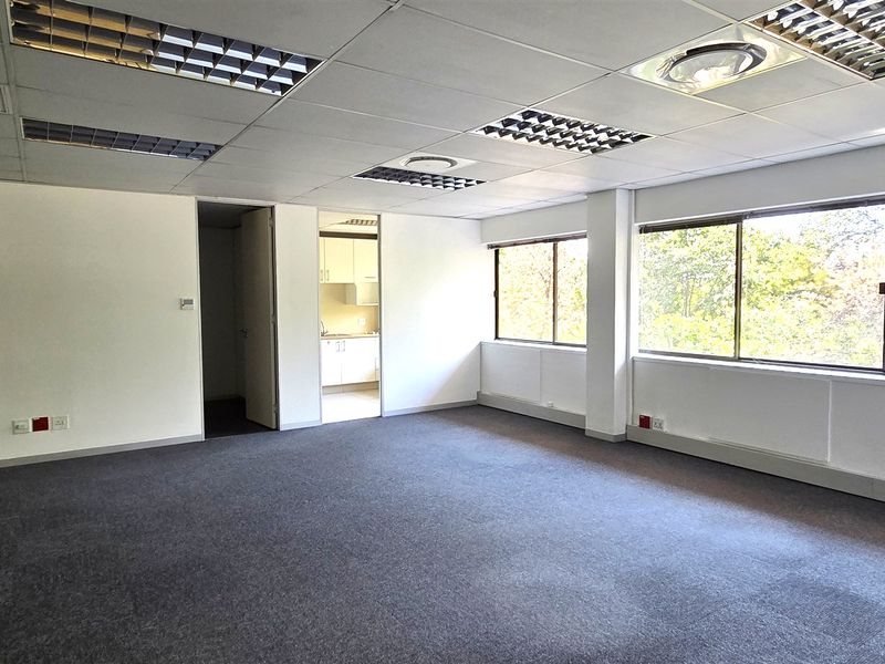 A spacious, empty office suite featuring large windows, carpeted flooring, suspended ceilings with recessed lighting, and access to a small kitchenette area.