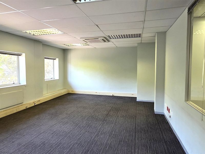 A bright, vacant office space featuring a suspended ceiling, recessed lighting, integrated air conditioning, and carpeted flooring with glass partition wall.