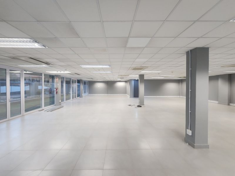 Spacious, open-plan office area featuring a suspended ceiling, recessed lighting, large glass windows, and neutral tiled flooring, providing a bright and professional workspace.