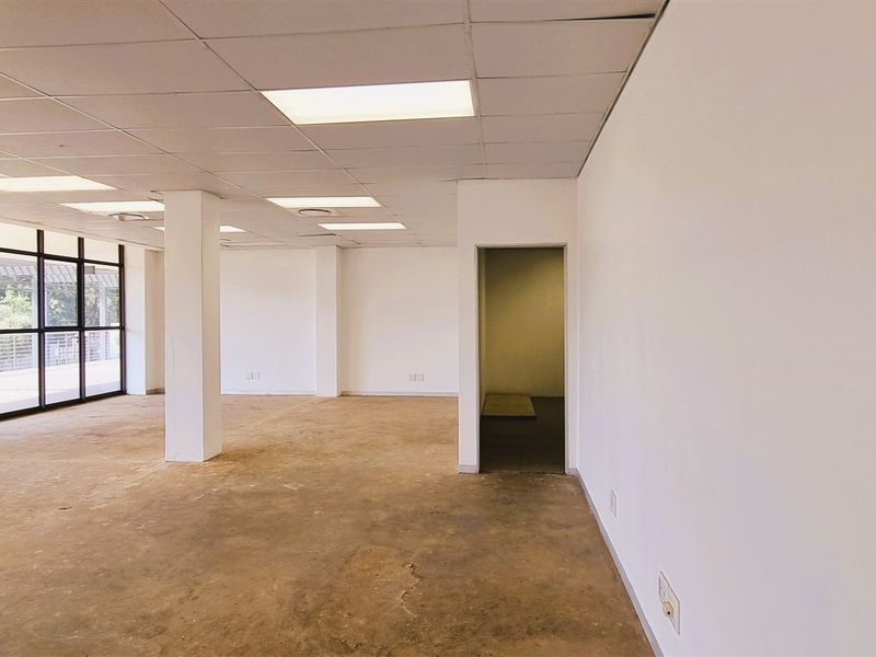 A spacious, vacant open-plan office area featuring large windows, suspended ceilings with recessed lighting, and concrete flooring, offering a blank canvas for customization.