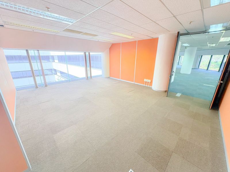 An empty, open-plan office space featuring carpet tiles, a suspended ceiling with recessed lighting, and large windows providing natural light.