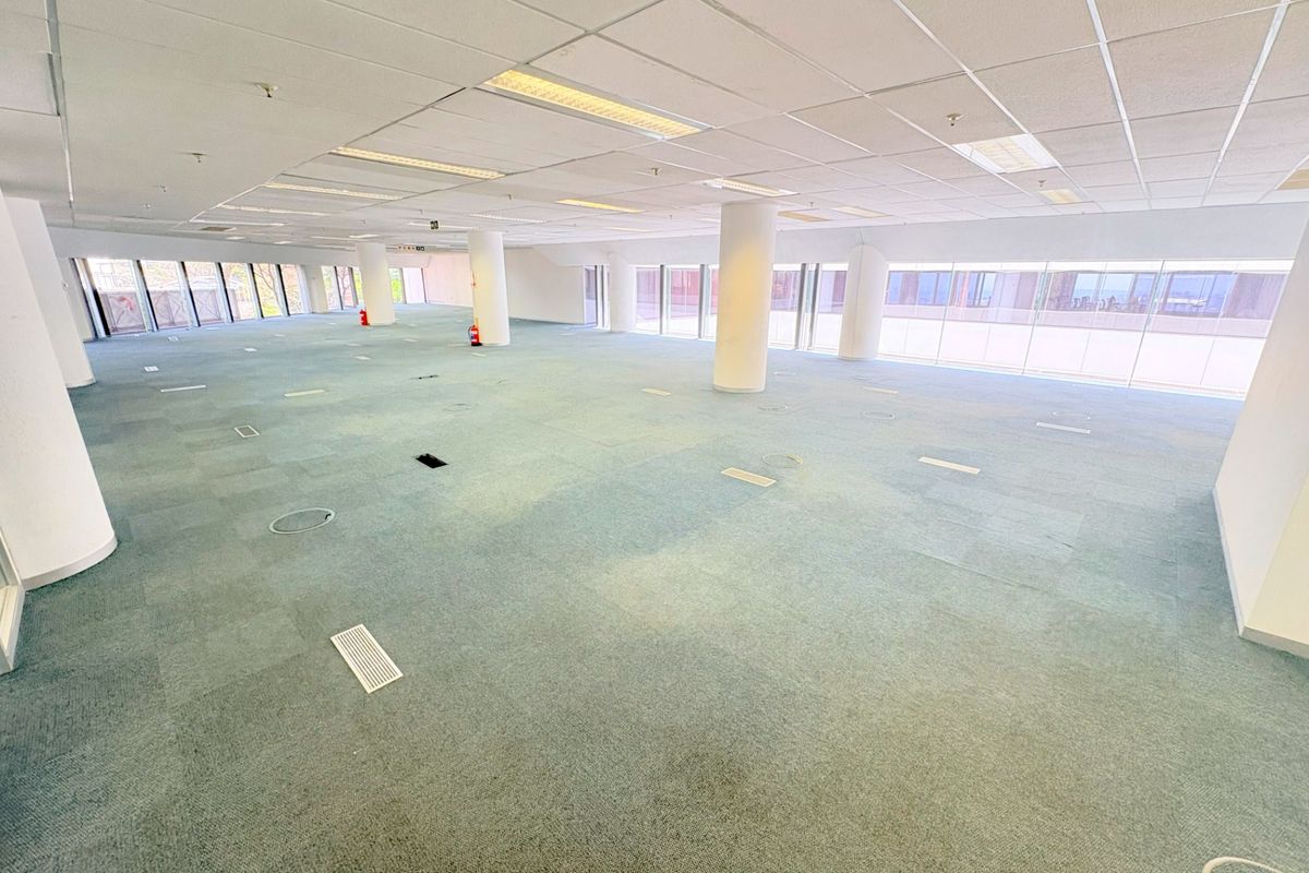 A spacious, open-plan office area featuring suspended ceilings, recessed lighting, large windows, and carpeted flooring with integrated floor power access points.