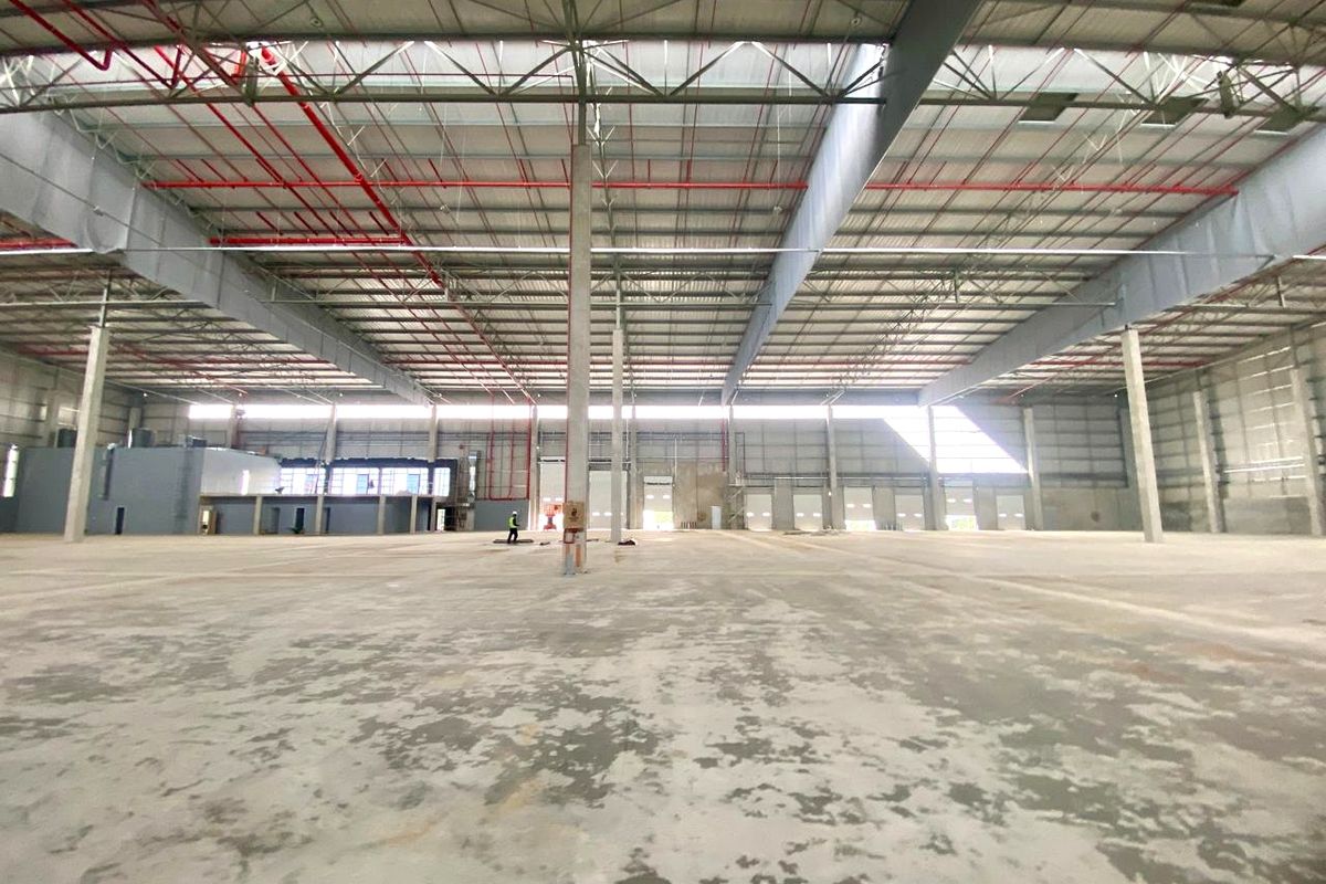 Expansive industrial warehouse space featuring high ceilings with exposed steel trusses, fire sprinkler systems, and multiple roller shutter doors.
