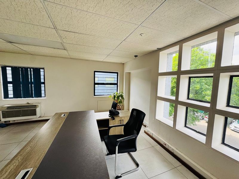 A functional office space featuring tiled flooring, a suspended ceiling, and large grid windows providing natural light and exterior views.