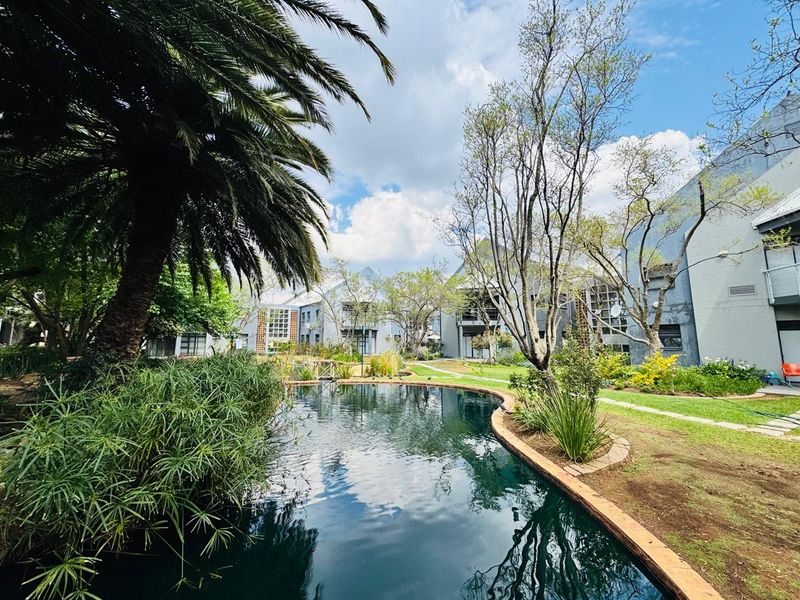 A tranquil outdoor office complex featuring a landscaped garden with a central swimming pool and mature trees surrounding the building exterior.