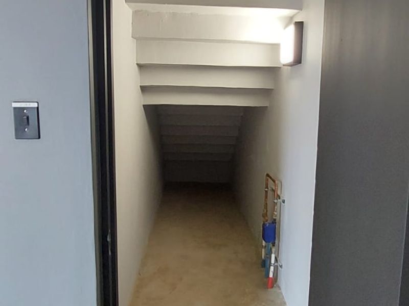 A narrow utility storage space or under-stair area featuring concrete flooring, exposed plumbing, and a simple wall-mounted light fixture.
