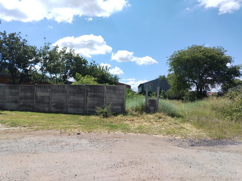 A view of a vacant commercial plot featuring a concrete boundary wall, mature trees, and overgrown grass, accessible via an unpaved road.