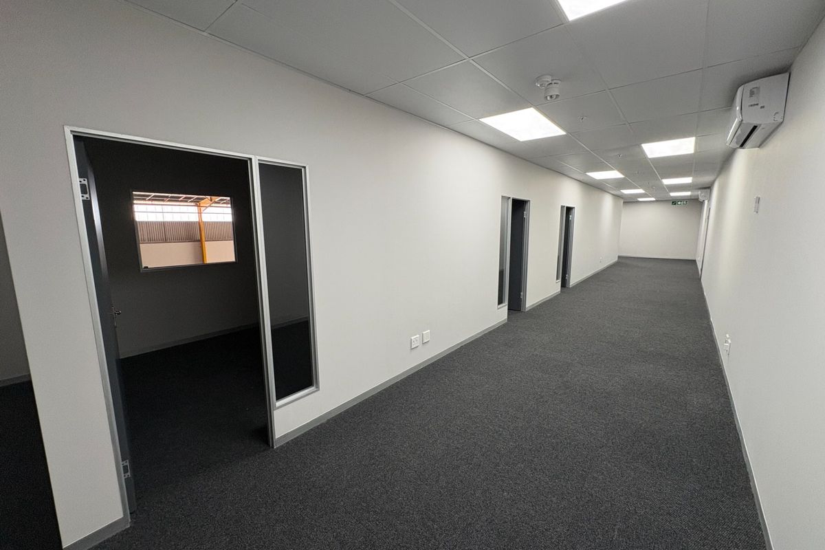 A clean, modern industrial office hallway featuring grey carpeting, suspended ceilings with recessed lighting, and multiple internal access points.