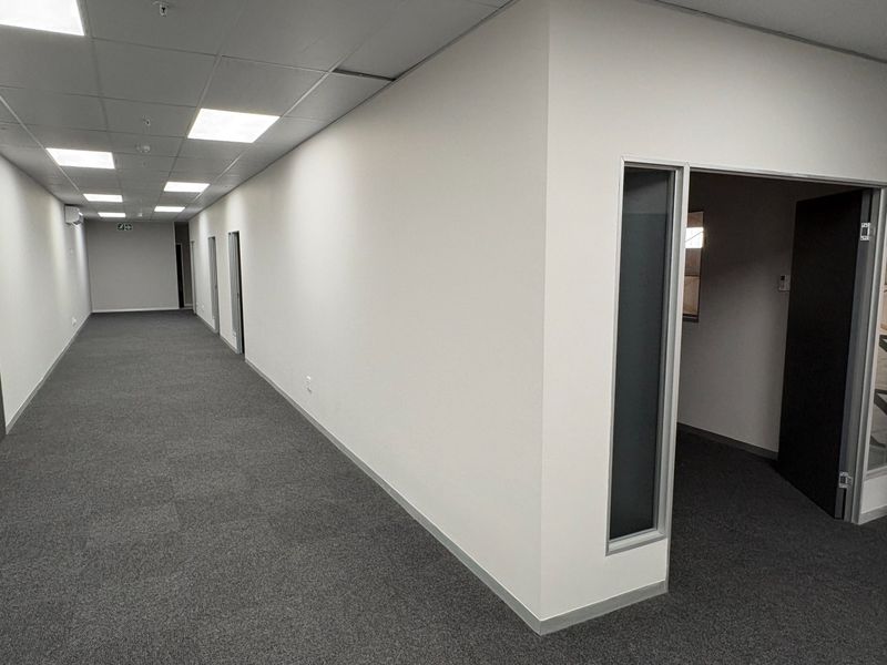 A clean, modern industrial hallway featuring suspended ceilings, recessed lighting, grey carpeting, and an internal glass partition leading to an office space.