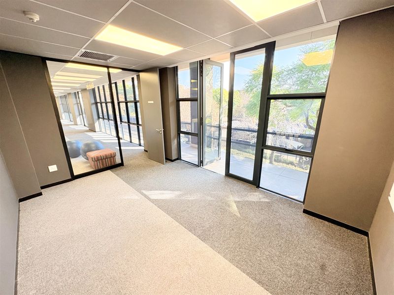 A bright, modern office space featuring carpeted flooring, a suspended ceiling with recessed lighting, and large glass windows providing access to a balcony.
