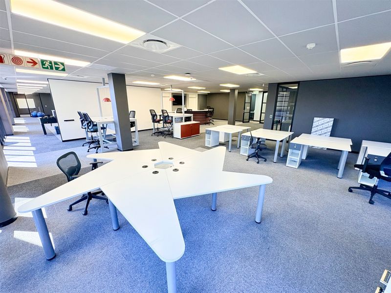 Spacious open-plan office area featuring modern carpeted flooring, suspended ceilings with recessed lighting, and glass partitions, providing a functional and professional workspace.