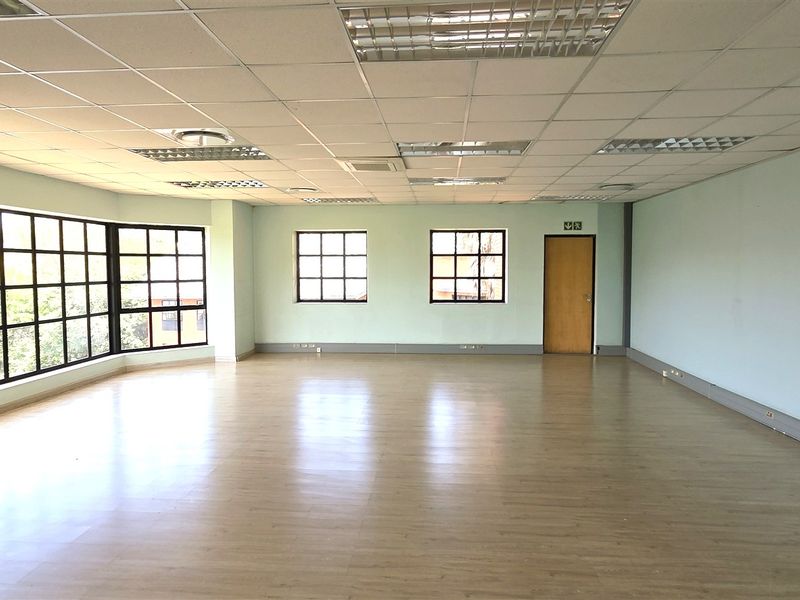 A spacious, vacant open-plan office area featuring laminate flooring, large windows providing natural light, and a suspended ceiling with integrated lighting.